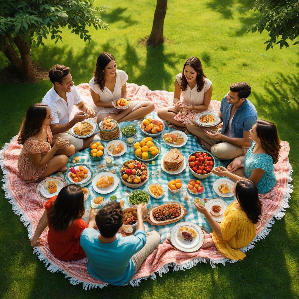 A cozy gathering of diverse friends enjoying a luxurious picnic in a lush garden, elegantly set with fine china and gourmet food. Soft sunlight filtering through the trees, creating a warm, inviting atmosphere. Incorporate elements of unity and joy, like intertwined hands or laughter in the air, showcasing the beauty of togetherness. super-realistic. vibrant colors. natural setting.