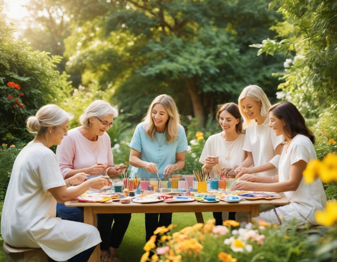 A serene gathering of diverse people in an outdoor setting, sharing laughter and engaging in art activities like painting and crafting. The scene is filled with vibrant flowers, colorful art supplies, and soft, golden sunlight illuminating their joyful expressions. The atmosphere evokes a sense of community, creativity, and appreciation for beautiful living. A backdrop of lush greenery enhances the peaceful vibe. super-realistic. vibrant colors. soft focus.