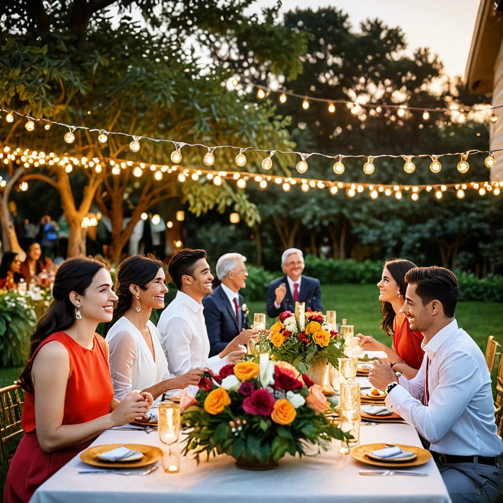 A serene community gathering, showcasing diverse people engaged in elegant festivities. Incorporate stylish decorations, lush greenery, and beautifully set tables with floral arrangements. Highlight joyful expressions, laughter, and a sunset glow to evoke warmth and togetherness. Capture the essence of sophisticated yet inviting living through vibrant colors. super-realistic. vibrant colors. outdoor setting.